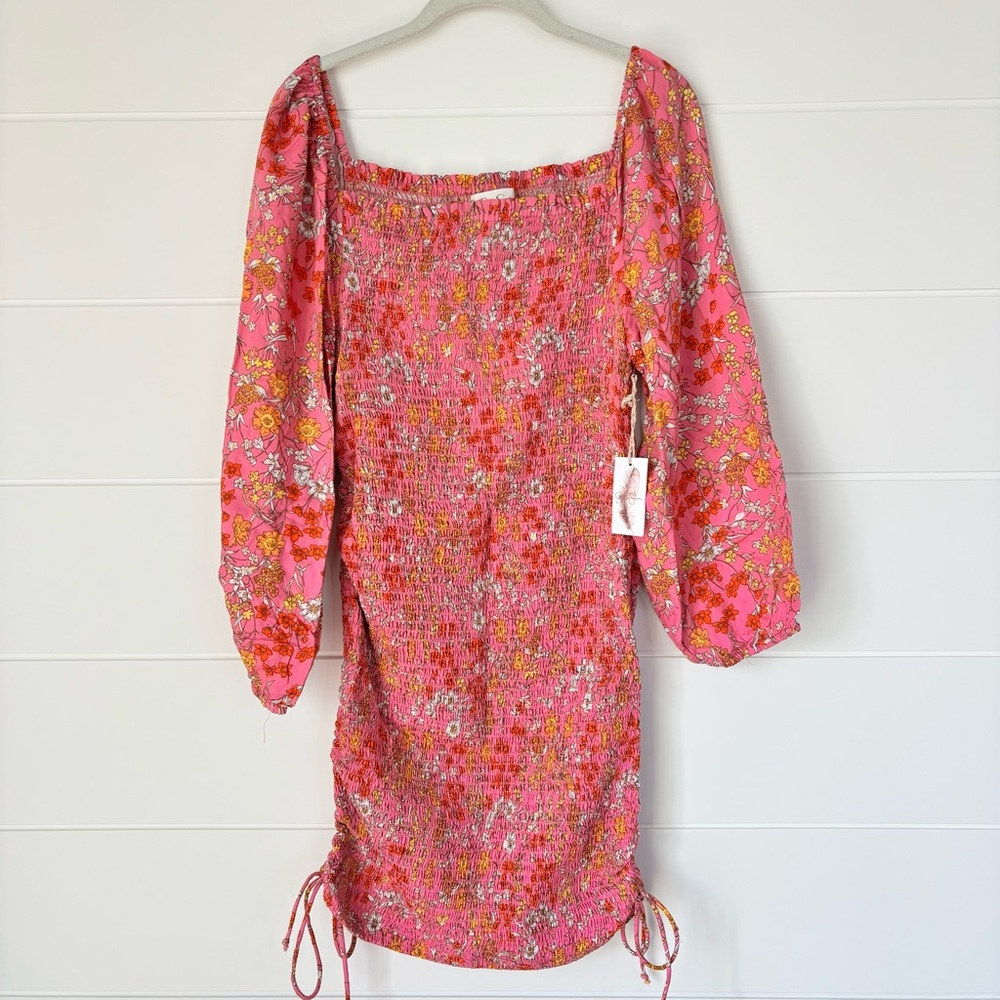 Jessica Simpson Pink and Orange Floral Smocked Long Sleeve Dress Size Large